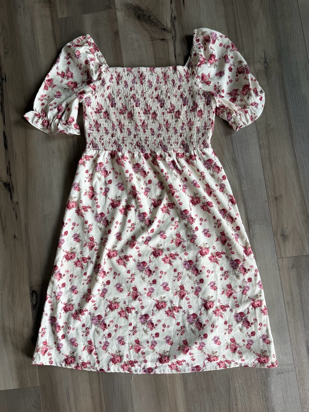 Woman’s Smocked Floral Puff-Sleeve Dress in Cream with Pink Roses